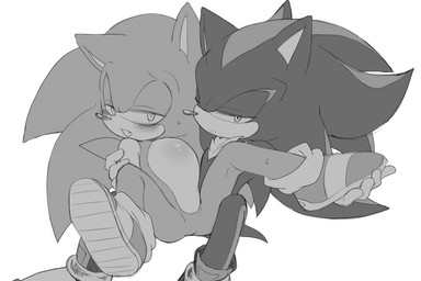 anthro blush butt chest_tuft clothing duo featureless_crotch footwear gloves handwear male male/male null on_lap shoes sitting_on_lap spread_legs spreading submissive submissive_male tuft snkprprsti sega sonic_the_hedgehog_(series) shadow_the_hedgehog sonic_the_hedgehog eulipotyphlan hedgehog mammal 3:2 monochrome