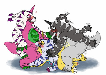 anal anal_penetration animal_skin anthro balls belly belly_markings blush erection fellatio fur genitals group group_sex heart_symbol horn horn_grab male male/male male_penetrated male_penetrating male_penetrating_male markings oral penetration penile penile_penetration penis penis_in_ass penis_in_mouth rough_sex sex slightly_chubby spitroast striped_body striped_fur stripes threesome thrusting trio reddo12340 bandai_namco digimon blackgabumon digimon_(species) gabumon psychemon hi_res