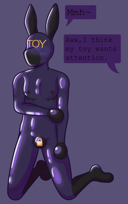 anthro attention_seeking bdsm bondage_gear bondage_gloves chastity_bulge chastity_device clothing dialogue glistening glistening_body handwear kneeling latex liquid_latex male mastectomy_scar null_bulge petplay petsuit roleplay scar sensory_deprivation skinsuit slave solo speech_bubble text tight_clothing succubustoy lagomorph leporid mammal rabbit absurd_res english_text hi_res trans_(lore)