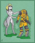 anthro armor border breasts clothing female furgonomics green_background green_border hev_suit nipples nude pubes simple_background solo suit tilmariel blizzard_entertainment half-life valve warcraft rubella_the_worgen canid mammal werecanid werecreature worgen absurd_res hi_res