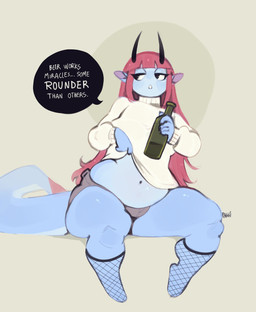 2_horns alcohol anthro beer beer_bottle beverage blue_body blue_tail bottle bottomwear clothed clothed_anthro clothed_female clothing clothing_lift container female female_anthro fishnet_clothing fishnet_legwear geometric_background half-closed_eyes holding_bottle holding_container holding_object horn legwear looking_aside narrowed_eyes overweight shorts simple_background slightly_chubby slightly_chubby_anthro slightly_chubby_female solo speech_bubble sweater sweater_lift tail text topwear white_sclera paggi mythology absynth_(paggi) dragon mythological_creature mythological_scalie scalie 2024 absurd_res digital_drawing_(artwork) digital_media_(artwork) english_text hi_res portrait