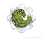 anthro gear glistening glistening_eyes green_body holding_object holding_tool holding_wrench male mouth_closed pupils sharp_teeth simple_background slit_pupils solo teeth text tools wrench yellow_body yellow_eyes crazydrak musclegod124 alligator alligatorid crocodilian reptile scalie artist_name