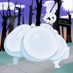 anthro big_butt breasts butt female holidays huge_butt hyper hyper_butt notched_wings scut_tail short_tail smile solo tail thick_thighs white_body white_eyes wings lokbunny17 halloween lok_bunny lagomorph leporid mammal rabbit undead zombie 1:1 2025 hi_res