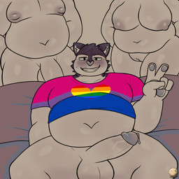 anthro balls belly bisexual bisexual_pride_colors bodily_fluids breasts clothing erection faceless_character faceless_female faceless_male female furniture genital_fluids genitals gesture glans group hand_gesture humanoid_genitalia humanoid_penis lgbt_pride male male/female male/male on_sofa overweight overweight_female overweight_male penis precum pride_color_clothing pride_colors rainbow_heart sitting sitting_on_sofa sofa sweat trio v_sign vulva lucknomz lgbt_pride_month domestic_cat felid feline felis mammal 1:1 hi_res