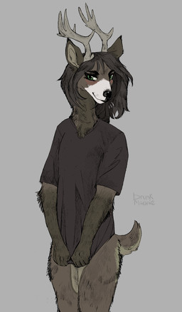 anthro antlers brown_body brown_hair clothed clothing covering eyelashes fur green_eyes hair horn long_hair male multicolored_body multicolored_fur pantsless pantsless_anthro pantsless_male scut_tail shirt short_tail shy solo t-shirt tail topwear white_body white_fur drunkmagpie deer mammal absurd_res hi_res