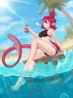 alcohol barefoot beach beer beverage bikini blue_sky breasts clothing cloud container day feet female green_eyes hair happy medium_breasts not_furry one_eye_closed outside palm_tree pink_hair plant pointy_ears sea shark_fin shark_tail short_hair sitting sky smile solo swimwear toes tree two-piece_swimsuit water aurichalcite animal_humanoid aquatic fish humanoid shark hi_res