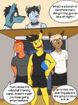 3:4 anthro anthrofied ball bottomwear charmander clothed clothing comic cooper_(fuze) dialogue eevee english_text fully_clothed fuze generation_1_pokemon generation_4_pokemon group hi_res kai_(fuze) male max_(fuze) nintendo pikachu pokemon pokemon_(species) red_(fuze) riolu shinx shirt shorts skyler_(fuze) sport t-shirt tank_top text topwear volleyball volleyball_(ball)