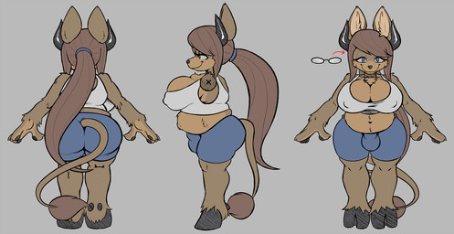anthro belly big_breasts biped breasts bulge butt chest_tuft cleavage clothed clothing eyewear fur glasses gynomorph hair hooves horn huge_breasts intersex long_hair navel overweight overweight_anthro overweight_gynomorph overweight_intersex shortstack shortstack_gynomorph shortstack_intersex solo standing thick_thighs tuft conditional_dnp teckworks swan_lovejoy bovid bovine canid canine canis cattle hybrid mammal wolf 2017 model_sheet