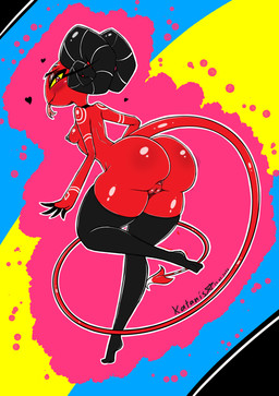 2_horns 4_fingers abstract_background anus areola big_butt black_choker black_clothing black_jewelry black_legwear black_necklace black_thigh_highs blush blush_lines bottom_heavy breasts bubble_butt butt choker clothing female fingers forked_tongue genitals glistening glistening_body glistening_breasts glistening_butt glistening_genitalia glistening_legs glistening_skin glistening_thighs glistening_vulva horn huge_butt huge_hips huge_thighs jewelry legwear long_tail looking_at_viewer looking_back looking_back_at_viewer markings mostly_nude mostly_nude_female mostly_nude_humanoid necklace nipples plump_labia pointed_tail puffy_nipples red_body red_eyes red_skin small_breasts snaggle_tooth solo tail text thick_thighs thigh_highs tongue tongue_out vulva wide_hipped_female wide_hipped_humanoid wide_hips yellow_sclera katanis hellaverse helluva_boss barbie_wire demon demon_humanoid horned_humanoid humanoid imp tailed_humanoid 2026 absurd_res artist_name dated digital_drawing_(artwork) digital_media_(artwork) hi_res signature