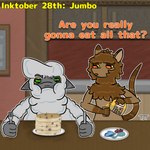 anthro detailed_background dialogue duo female food fur juice_(beverage) male male/female orange_juice pancake tail text toony wool_(fur) worried relyt2442 inktober the_nature_of_predators firon_(nopov) raila_(nopov) mammal venlil_(the_nature_of_predators) 1:1 2024 english_text hi_res