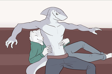 abs anthro belt bodily_fluids bottomwear clothed clothed_anthro clothed_male clothing countershade_torso countershading denim denim_bottomwear denim_clothing duo fully_clothed fully_clothed_anthro fully_clothed_male gills hand_on_belly hoodie jeans male male/male multicolored_body muscular muscular_anthro muscular_male navel pants pecs pink_nose slim spread_legs spreading sweat sweatdrop tail tickling topless topless_anthro topless_male topwear two_tone_body unsure joeyjazz fishfunk_(modeler) joey_(joeyjazz) tal_(sneptacular) aquatic felid fish mammal pantherine shark snow_leopard hi_res