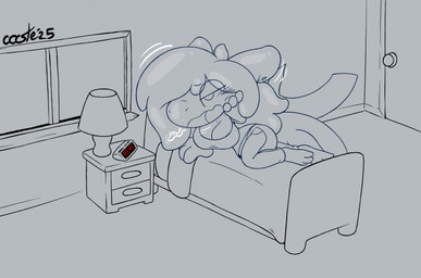 3_toes 4_fingers alarm_clock anthro barefoot bed big_breasts big_head black_text blush blush_lines breasts clock clothed clothed_female clothing door ear_piercing eyelashes feet female fingers furniture grey_background hair hand_on_own_face head_inflation inside lamp on_bed open_mouth piercing simple_background solo text thin_eyebrows toes white_text window yawn year castesystem 2025 artist_name hi_res restricted_palette