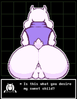 anthro anus big_butt black_background bottomless butt clothed clothing dialogue female floppy_ears fur genitals horn lop_ears plump_labia purple_clothing purple_topwear rear_view simple_background solo text text_box topwear vulva white_body white_fur white_horn wide_hips ekumea undertale_(series) toriel boss_monster_(undertale) bovid caprine goat mammal digital_media_(artwork) english_text hi_res pixel_(artwork)