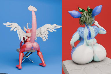 anthro anus blue_anus blue_body blue_fur blue_vulva butt chest_tuft duo feathered_wings feathers female fluffy_ears fur furniture genitals green_hair hair horn pink_body pink_scales raised_tail red_body red_scales scales simple_background sitting stool tail tuft vulva white_body white_feathers white_fur wings heartlessangel3d mythology adelina_the_love_dragon petra_the_defend_deer deer dragon mammal mythological_creature mythological_scalie scalie 2026 3:2 3d_(artwork) digital_media_(artwork) hi_res