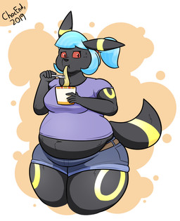 anthro belly belt black_body black_fur blue_hair bodily_fluids bottomwear clothed clothing container cup cutlery eating eating_food female food fork fur hair holding_object holding_tool holding_utensil kitchen_utensils looking_at_viewer markings midriff navel noodles overweight ponytail red_eyes shirt shorts simple_background solo sweat sweatdrop tail tail_markings thick_thighs tools topwear wide_hips chocend nintendo pokemon delilah_(tpot) eeveelution generation_2_pokemon pokemon_(species) umbreon 2019 colored digital_media_(artwork)