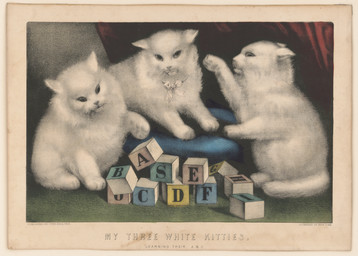 ambiguous_feral ambiguous_gender bow_ribbon detailed_background feral fur group letter_block paws playing quadruped ribbons sitting tail text toy toy_block trio whiskers white_body white_fur young young_ambiguous young_feral unknown_artist currier_and_ives public_domain domestic_cat felid feline felis mammal 19th_century absurd_res ancient_art english_text hi_res huge_filesize lithograph_(artwork) traditional_media_(artwork)