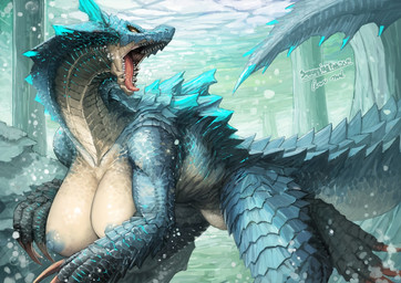 areola big_breasts blue_nipples breasts busty_feral claws featureless_crotch female feral finger_claws huge_breasts nipples non-mammal_breasts open_mouth scales sharp_teeth solo spikes spikes_(anatomy) tail teeth thick_tail thick_thighs tongue underwater water eguchi_tumoru capcom monster_hunter mythology aquatic dragon lagiacrus leviathan_(mh) mythological_creature mythological_scalie scalie absurd_res hi_res
