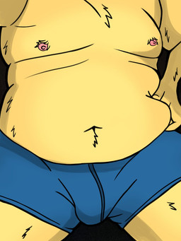 anthro belly belly_grab blue_bottomwear blue_clothing bottomwear bulge chest_tuft clothed clothing fur fur_tuft hand_on_own_belly male navel nipples overweight overweight_anthro overweight_male pecs pink_nipples solo topless topless_anthro topless_male tuft yellow_body yellow_fur hyenakenisis ambiguous_species 3:4 hi_res