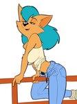 anthro blue_hair bottomwear breasts clothed clothing denim denim_bottomwear denim_clothing female fur hair jeans open_bottomwear open_clothing open_pants pants pose shirt solo tan_body tan_fur tank_top topwear saransaran the_mysteries_of_providence kate_(the_mysteries_of_providence) canid canine fox mammal 2019 hi_res pinup