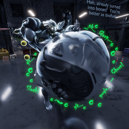 abdominal_bulge anthro anthro_pred belly big_belly bone bones_in_stomach digestion fatal_vore glowing glowing_eyes grey_hair grey_tail hair hand_behind_head hand_on_belly machine male male_pred mass_vore metallic_body oral_vore rumbling_stomach skull skull_imprint solo sound_effects tail text vore malunisisos mihoyo zenless_zone_zero banyue_(zenless_zone_zero) felid lion mammal pantherine robot_anthro 1:1 2025 3d_(artwork) digital_media_(artwork) english_text hi_res