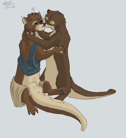ambiguous_gender brown_body brown_fur claws clothed clothing dazed duo eyes_closed featureless_crotch feet feral fur grey_background kissing male membrane_(anatomy) orange_sclera oversized_clothing partially_clothed pawpads shrunk simple_background tan_body tan_fur toes transformation webbed_feet webbed_hands whiskers moofers-mufa mammal mustelid otter signature