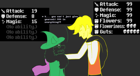 annoyed anthro biped black_background black_body black_fur blonde_hair closed_smile clothed clothing cute_fangs dialogue duo eye_contact eyewear fangs floppy_ears flower fur gameplay_mechanics glasses hair hat headgear headwear looking_at_another male mouth_closed plant scarf short_hair side_view simple_background smile speech_bubble stats teeth text wearing_glasses wearing_hat wizard_hat yellow_body yellow_skin heroman_(artist) deltarune undertale_(series) flowery_(deltarune) ralsei bovid caprine darkner elemental_creature flora_fauna flower_creature goat human mammal seven_flowers 2026 digital_drawing_(artwork) digital_media_(artwork) english_description english_text hi_res