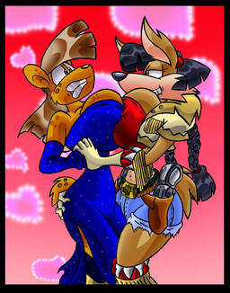 anthro belt big_breasts black_hair blue_clothing blue_dress boots bottomwear breast_squish breasts breasts_frottage brown_eyes brown_hair clothing dress duo female footwear fur gloves gun hair handwear holster huge_breasts jacket markings multicolored_body multicolored_fur navel nipple_outline ranged_weapon shoes shorts spots spotted_body spotted_fur squish teeth topwear two_tone_body two_tone_fur weapon virus-20 june_coyote sasha_hyena canid canine canis coyote hyena mammal spotted_hyena 2008 digital_media_(artwork)