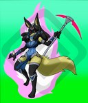 anthro aura black_body black_hair blue_body blue_fur breasts cleavage clothed clothing colored_fire energy_pickaxe energy_weapon female fire fur hair holding_object holding_weapon magic_staff melee_weapon pickaxe pink_aura pink_fire pokemorph polearm skimpy solo weapon yellow_body yellow_fur diamond_grenadier nintendo pokemon generation_4_pokemon lucario pokemon_(species) shiny_pokemon hi_res