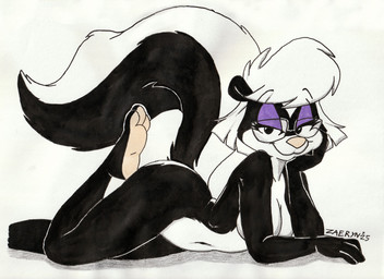 anthro big_tail breasts countershading eyebrow_through_hair eyebrows eyelashes eyeshadow eyewear eyewear_only feet female fluffy fluffy_tail fur glasses glasses_only hair looking_at_viewer lying makeup monochrome_body multicolored_body multicolored_fur navel nude on_front purple_eyeshadow simple_background smile solo tail toes translucent translucent_hair two_tone_body two_tone_fur wearing_glasses white_background white_hair zaeryn sabrina_online sabrina_(sabrina_online) mammal mephitid skunk hi_res traditional_media_(artwork)