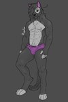 anthro black_body black_fur bulge clothed clothing covered_eyes feline_tail fur grey_background hair humanoid_hands long_hair male navel neck_tuft nipples purple_clothing purple_underwear simple_background solo tail text tuft underwear underwear_only white_body white_fur kipperfox felid feline mammal 2024 absurd_res artist_name digital_drawing_(artwork) digital_media_(artwork) hi_res shaded signature