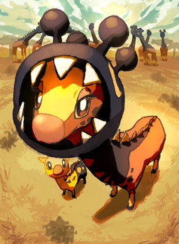 ambiguous_gender brown_eyes cloud day detailed_background eyelashes fangs feral grass group high-angle_view hooves looking_at_viewer multicolored_body outside plant savanna sky tail teeth two_tone_body yellow_sclera arco_(artist) aruco_coo nintendo pokemon farigiraf generation_2_pokemon generation_9_pokemon girafarig giraffid mammal pokemon_(species) 2025 hi_res