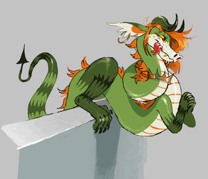 clasped_hands crown curled_tongue ear_piercing ear_ring feral forked_tongue green_body grey_background hair hands_together headgear horn long_body long_neck long_torso male male_feral mane markings orange_hair orange_mane piercing ring_(marking) ring_piercing ringed_tail simple_background solo spade_tail striped_markings striped_tail stripes tail tail_markings tongue tongue_out worm_(artist) mythology dragon mythological_creature mythological_scalie scalie wingless_dragon