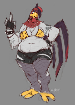 2_toes alternative_fashion anthro arm_tattoo beak belly_overhang bottomwear bracelet breasts clothing collar cross cross_necklace crossgender denim denim_bottomwear denim_clothing denim_shorts eyeshadow feathers feet female fingerless_gloves fishnet_clothing fishnet_leggings fishnet_legwear gesture gloves goth grey_background half-closed_eyes hand_gesture handwear inverted_cross inverted_cross_necklace jewelry leggings legwear makeup medium_breasts middle_finger mtf_crossgender narrowed_eyes necklace non-mammal_breasts overweight overweight_anthro overweight_female shorts simple_background slightly_chubby slightly_chubby_anthro slightly_chubby_female solo spiked_bracelet spikes tattoo thick_thighs toes torn_bottomwear torn_clothing torn_fishnet_clothing torn_shorts white_body white_feathers wide_hips yellow_beak redic-nomad looney_tunes warner_brothers foghorn_leghorn avian bird chicken galliform phasianid 2025 colored_sketch hi_res sketch
