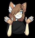 anthro black_clothing black_shirt black_topwear brown_body brown_fur brown_hair clothing fangs female fur hair heart_(marking) markings palms shirt smile solo teeth topwear white_body white_fur yellow_body yellow_fur foxsnacks domestic_cat felid feline felis mammal alpha_channel