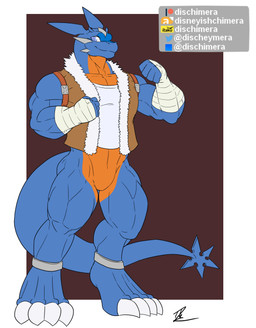 ankle_cuffs anthro bottomless clothed clothing cuff_(restraint) jacket male muscular muscular_anthro muscular_arms muscular_legs muscular_male restraints shirt smile smiling_at_viewer solo tail topwear conditional_dnp dischimera mythology zenith_(dischimera) dragon mythological_creature mythological_scalie scalie hi_res