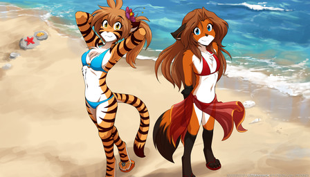 anthro bikini biped black_stripes breasts brown_body brown_fur brown_hair brown_tail claws clothed clothed_anthro clothed_female clothing duo feet female fingers front_view fur hair looking_at_viewer markings navel orange_body orange_fur orange_tail outside smile standing striped_body striped_fur striped_markings striped_tail stripes swimwear tail tail_markings toes two-piece_swimsuit conditional_dnp narikusha tom_fischbach twokinds flora_(twokinds) laura_(twokinds) keidran 2026 7:4 digital_drawing_(artwork) digital_media_(artwork) hi_res