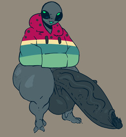 2_toes balls big_balls big_penis black_eyes bottomless butt clothed clothing darkened_balls darkened_genitalia darkened_glans darkened_penis feet freckled_butt freckled_face freckles genitals glans grey_body half-erect hoodie hoodie_only huge_balls huge_penis huge_thighs hyper hyper_balls hyper_genitalia hyper_penis looking_at_viewer male male_humanoid not_furry penis simple_background smile solo spiked_penis spikes spikes_(anatomy) thick_thighs toes topwear topwear_only vein veiny_penis wide_hips repomorame cream_(repomorame) alien alien_humanoid humanoid roswell_grey 2024 hi_res