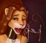 2019 anthro bdsm bit_gag black_collar bondage bound bridle brown_hair bust_portrait collar collar_ring collarbone felid female front_view frown fur gag gracylioness green_eyes hair headshot_portrait lion long_hair mammal multicolored_body multicolored_fur open_mouth orange_body orange_fur pantherine petplay pink_nose ponyplay portrait posture_collar purple_background quotermain roleplay simple_background snout solo tan_tongue teeth tongue two_tone_body two_tone_fur white_body white_fur wishbone_mouth