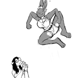 action_pose anthro big_breasts biped bottomwear breasts clothed clothing cross duo eyewear feet female fingers fur glasses hair happy humor jumping midair pose scared simple_background smile toes topwear hladilnik janice_(hladilnik) marylin_(hladilnik) american_opossum lagomorph leporid mammal marsupial rabbit virginia_opossum 1:1 2021 black_and_white digital_media_(artwork) hi_res monochrome