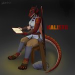 anthro armor blue_eyes book bottomwear clothing female footwear glare horn melee_weapon nude pants red_body red_skin sandals scales shadow shoes solo sword warrior weapon wings aydaharart mythology kalisto dragon mythological_creature mythological_scalie scalie absurd_res hi_res