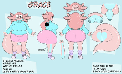 anthro areola balls big_breasts big_butt big_penis big_tail blue_body blue_clothing blue_skin blue_sweater blue_topwear blue_turtleneck bottomwear breasts butt clothed clothed_anthro clothing eyewear footwear genitals glasses gynomorph hair huge_breasts huge_butt intersex long_hair multicolored_body multicolored_skin nerd nipples penis pink_body pink_bottomwear pink_clothing pink_hair pink_skin pink_skirt purple_clothing purple_footwear purple_shoes purple_socks shoes skirt slightly_chubby slightly_chubby_anthro smile socks solo sweater tail text thick_thighs topwear turtleneck two_tone_body two_tone_skin wide_hips toonyjuice grace_(regdablue) amphibian aquatic axolotl mole_salamander salamander absurd_res english_text hi_res model_sheet trans_(lore) trans_woman_(lore)