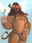 anthro broken_horn clothing flower genitals holding_flower holding_object horn looking_at_viewer male muscular muscular_anthro muscular_male nipples pecs penis penis_poking_out plant solo underwear notsophatmatt blizzard_entertainment warcraft bovid bovine mammal tauren hi_res