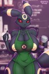 2021 2:3 5_fingers anthro anthrofied apron apron_only areola big_breasts black_body black_breasts black_ears black_fur blurred_background breasts clothing collarbone complextree container cup digital_media_(artwork) eeveelution eyebrows female fingers front_view fur generation_2_pokemon green_apron green_clothing hi_res holding_container holding_cup holding_object holding_pen huge_breasts looking_at_viewer meme mostly_nude multicolored_ears nintendo nipple_slip nipples pen pokemon pokemon_(species) pokemorph pupils red_eyes red_sclera solo text two_tone_ears umbreon yellow_areola yellow_ears yellow_nipples