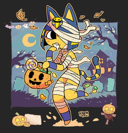 anthro bandage bandage_on_face bandaged_arm bandaged_chest bandaged_leg black_eyes blue_hair blush blush_lines breasts candy cemetery container cookie crescent_moon dessert eating female food grass hair holding_container holding_food holding_object holidays jack-o'-lantern leaf lollipop moon mummy_costume mummy_wrappings one_eye_obstructed plant small_breasts solo tail tree yellow_body rariatoo animal_crossing halloween nintendo ankha_(animal_crossing) domestic_cat felid feline felis mammal 2026 signature
