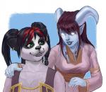 anthro clothed clothing duo female fur hair horn no_pupils open_mouth smile melamoryblack blizzard_entertainment warcraft alien bear draenei humanoid mammal pandaren