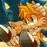 anthro blue_body blue_eyes blue_fur clothing duo eyes_closed footwear fur gloves grin hand_on_head handwear male shoes sitting smile white_body white_fur yellow_body yellow_fur bukikobuta sega sonic_the_hedgehog_(series) miles_prower sonic_the_hedgehog canid canine eulipotyphlan fox hedgehog mammal 1:1 2013 low_res