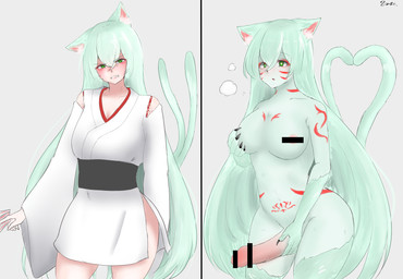 angry blush breasts breath claws corruption erection female fti_transformation fur fur_growth gender_transformation genitals gesture green_body green_eyes green_fur green_hair growth gynomorph hair heart_eyes heart_symbol intersex long_hair looking_at_viewer penis simple_background solo tail tail_gesture tail_heart transformation white_background womb_tattoo vuaisu animal_humanoid felid felid_humanoid humanoid mammal mammal_humanoid 2020 censored hi_res