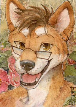 anthro brown_eyes brown_hair eyewear fangs floral_background flower front_view fur glasses glistening glistening_eyes hair looking_at_viewer male open_mouth open_smile orange_body orange_fur plant rectangular_glasses red_tongue smile solo teeth tongue white_body white_fur akatan_art canid canine canis mammal 2023 absurd_res bust_portrait dated hi_res portrait signature traditional_media_(artwork)
