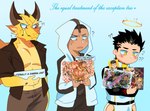 anthro black_hair blush group hair halo hood humor male muscular muscular_anthro muscular_male question_mark scales text trio yellow_body yellow_scales lisuchi lifewonders tokyo_afterschool_summoners oniwaka_(tas) ophion_(tas) zabaniyya_(tas) angel human mammal english_text hi_res