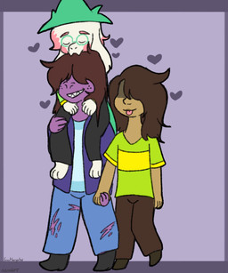 ambiguous_gender ambiguous_human blush bottomwear brown_hair clothing denim denim_bottomwear denim_clothing eyewear female freckles fur glasses green_clothing green_hat green_headwear green_shirt green_topwear group hair hand_holding hat headgear headwear heart_symbol jeans long_hair male pants pink_hair purple_body purple_skin romantic romantic_couple shirt teeth tongue tongue_out topwear torn_bottomwear torn_clothing torn_jeans torn_pants white_body white_fur goatboyalex deltarune undertale_(series) kris_dreemurr ralsei susie_(deltarune) bovid caprine darkner goat human mammal scalie 2018 5:6 digital_media_(artwork)